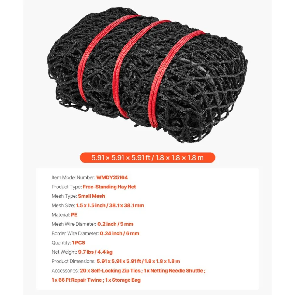 VEVOR Round Bale Hay Net, 5.91 x 5.91 x 5.91 ft, 1.5 inch Holes, PE Material, Knotless Design, with Zip Ties, Needle Shuttle, Repair Twine and Storage Bag, Slow Feeder Round Bale Net for Horses
