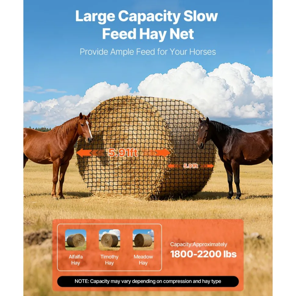 VEVOR Round Bale Hay Net, 5.91 x 5.91 x 5.91 ft, 1.5 inch Holes, PE Material, Knotless Design, with Zip Ties, Needle Shuttle, Repair Twine and Storage Bag, Slow Feeder Round Bale Net for Horses