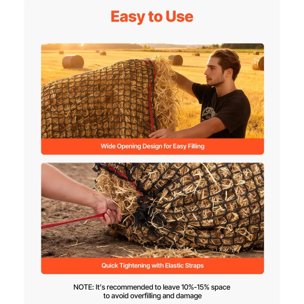 VEVOR Round Bale Hay Net, 5.91 x 5.91 x 5.91 ft, 1.5 inch Holes, PE Material, Knotless Design, with Zip Ties, Needle Shuttle, Repair Twine and Storage Bag, Slow Feeder Round Bale Net for Horses