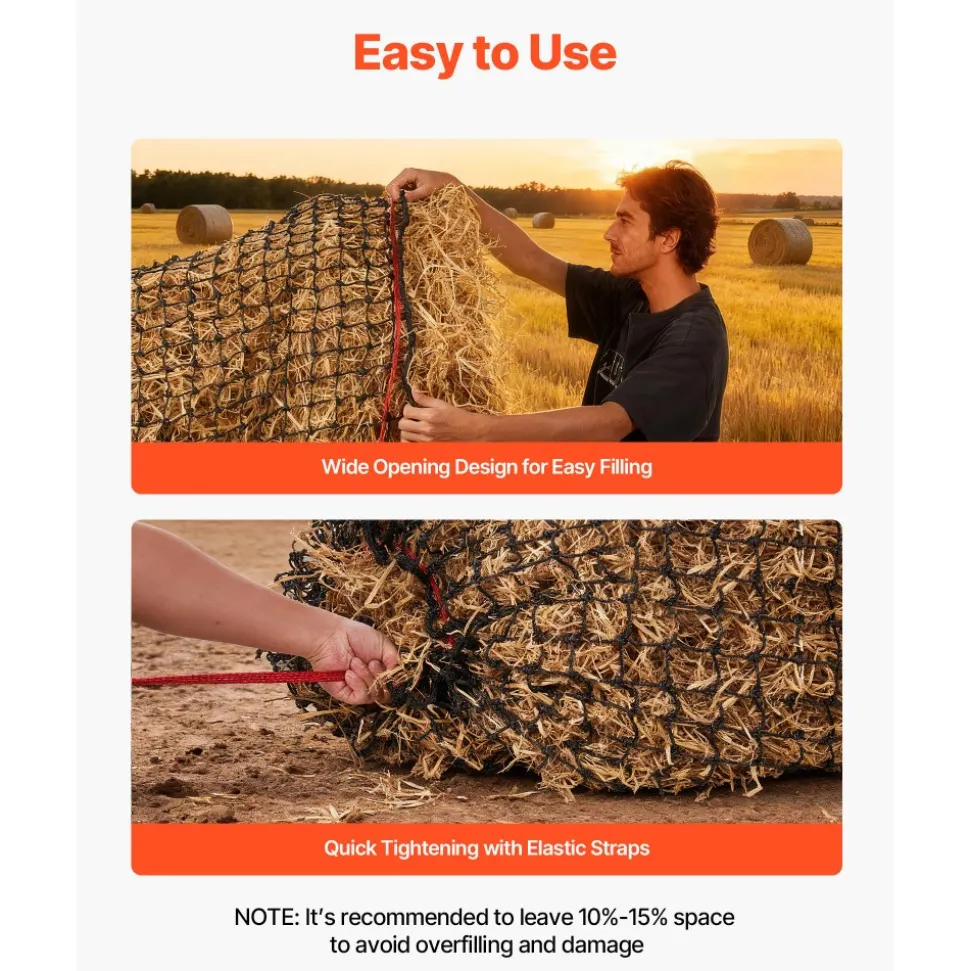 VEVOR Round Bale Hay Net, 4.92 x 4.92 x 4.92 ft, 1.75 inch Holes, PE Material, Reinforced Knotted Design, with Zip Ties, Needle Shuttle, and Repair Twine, Slow Feeder Round Bale Net for Horses