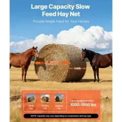 VEVOR Round Bale Hay Net, 5.91 x 5.91 x 5.91 ft, 1.65 inch Holes, PE Material, Knotless Design, with Zip Ties, Needle Shuttle, Repair Twine and Storage Bag, Slow Feeder Round Bale Net for Horses