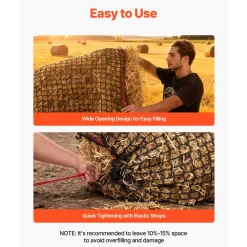 VEVOR Round Bale Hay Net, 5.91 x 5.91 x 5.91 ft, 1.65 inch Holes, PE Material, Knotless Design, with Zip Ties, Needle Shuttle, Repair Twine and Storage Bag, Slow Feeder Round Bale Net for Horses
