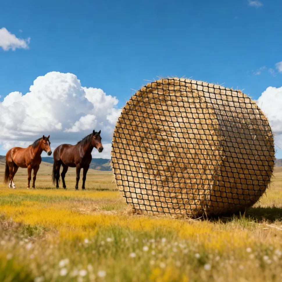 VEVOR Round Bale Hay Net, 4.92 x 4.92 x 4.92 ft, 1.65 inch Holes, PE Material, Knotless Design, with Self-Locking Zip Ties, Needle Shuttle, and Repair Twine, Slow Feeder Round Bale Net for Horses