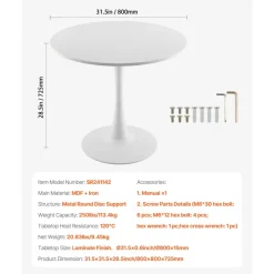 VEVOR Round Dining Table, 31.5 in Wood Table for 2-4 Person, Modern Circle Furniture, Leisure Coffee Office Tables with Pedestal Base in Tulip Design, for Home Kitchen Living Room, White(Only Table)