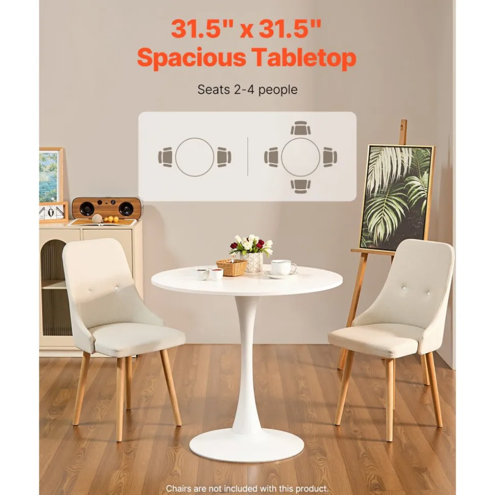 VEVOR Round Dining Table, 31.5 in Wood Table for 2-4 Person, Modern Circle Furniture, Leisure Coffee Office Tables with Pedestal Base in Tulip Design, for Home Kitchen Living Room, White(Only Table)