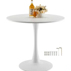 VEVOR Round Dining Table, 31.5 in Wood Table for 2-4 Person, Modern Circle Furniture, Leisure Coffee Office Tables with Pedestal Base in Tulip Design, for Home Kitchen Living Room, White(Only Table)