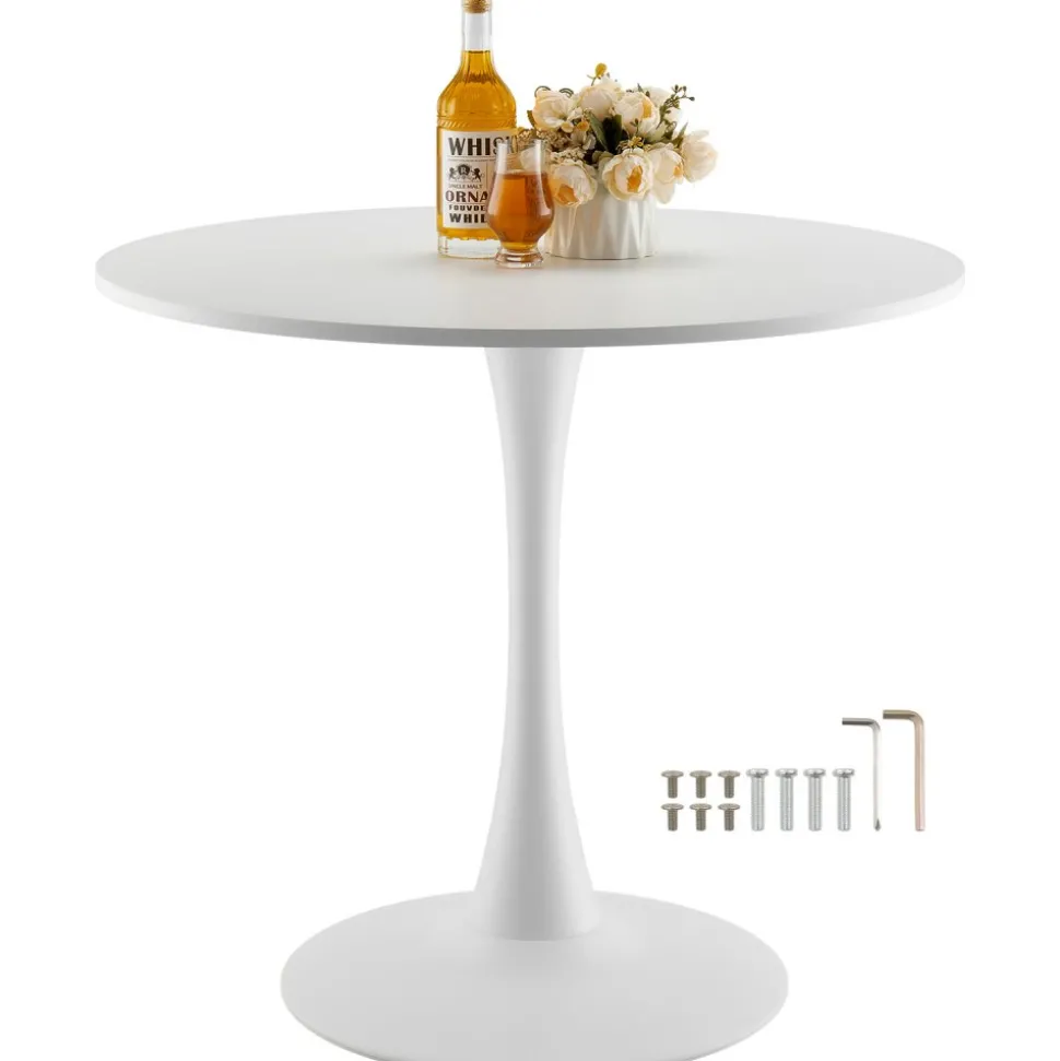 VEVOR Round Dining Table, 31.5 in Wood Table for 2-4 Person, Modern Circle Furniture, Leisure Coffee Office Tables with Pedestal Base in Tulip Design, for Home Kitchen Living Room, White(Only Table)
