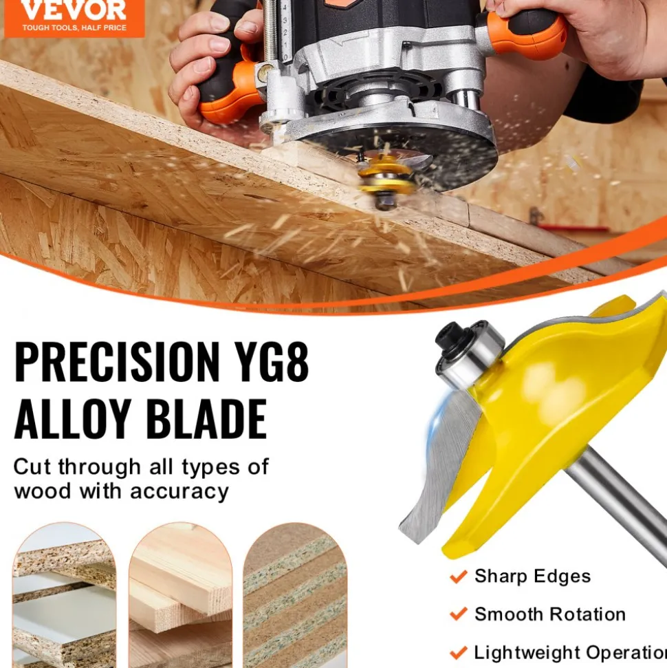 VEVOR Router Bits Set, 3 Pieces, Carbide Router Bit Kit with 1/4 Inch Shank, Wood Carrying Case, Woodworking Tools for Professional and Beginners Carpenter, for Wood MDF Particle Board Plywood