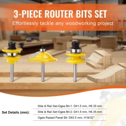VEVOR Router Bits Set, 3 Pieces, Carbide Router Bit Kit with 1/4 Inch Shank, Wood Carrying Case, Woodworking Tools for Professional and Beginners Carpenter, for Wood MDF Particle Board Plywood