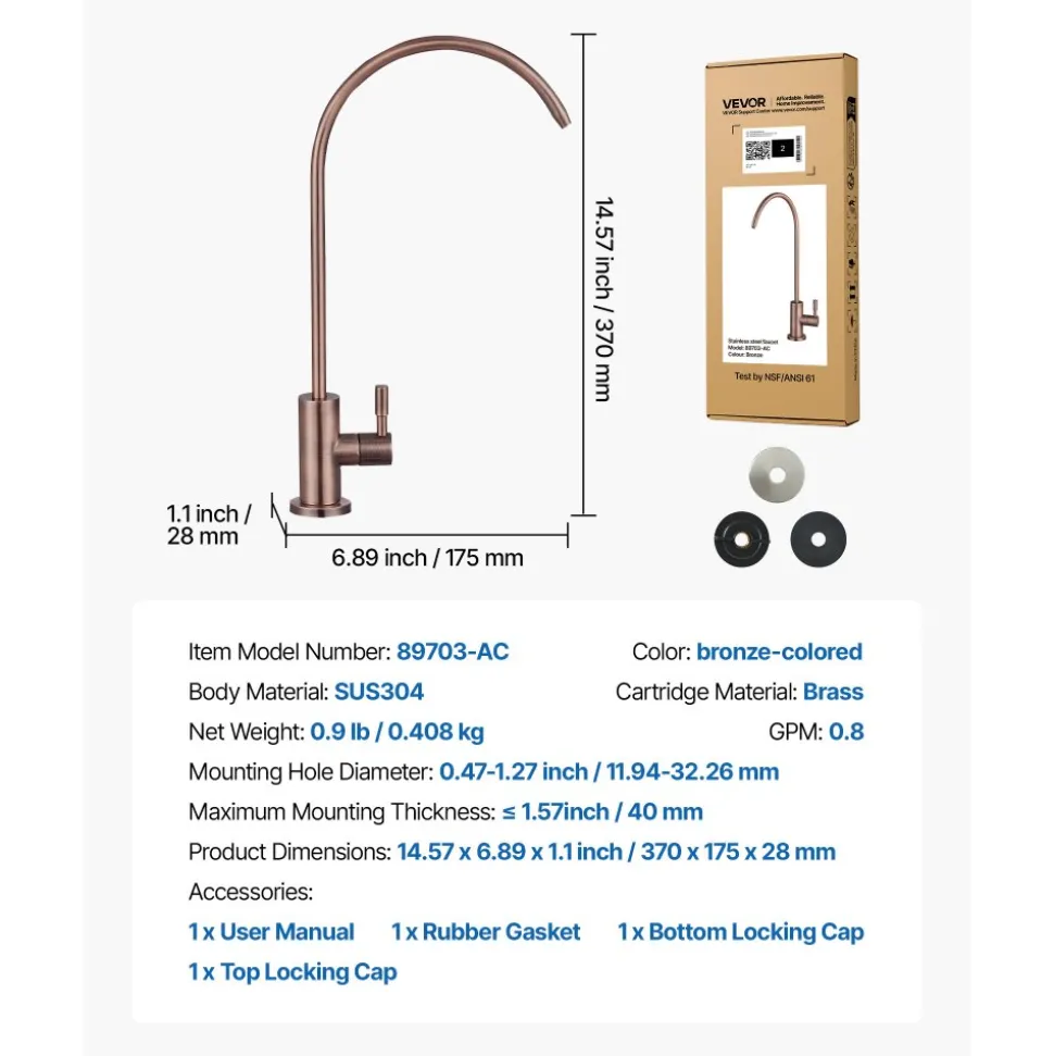VEVOR Ro Water Faucet, Lead-Free Stainless Steel Faucet, Drinking Water Faucets with Solid Brass Valve, Anti-Rust & Durability Drinking Water Faucets For Kitchen, Bar Counter, Cafe, Antique Bronze