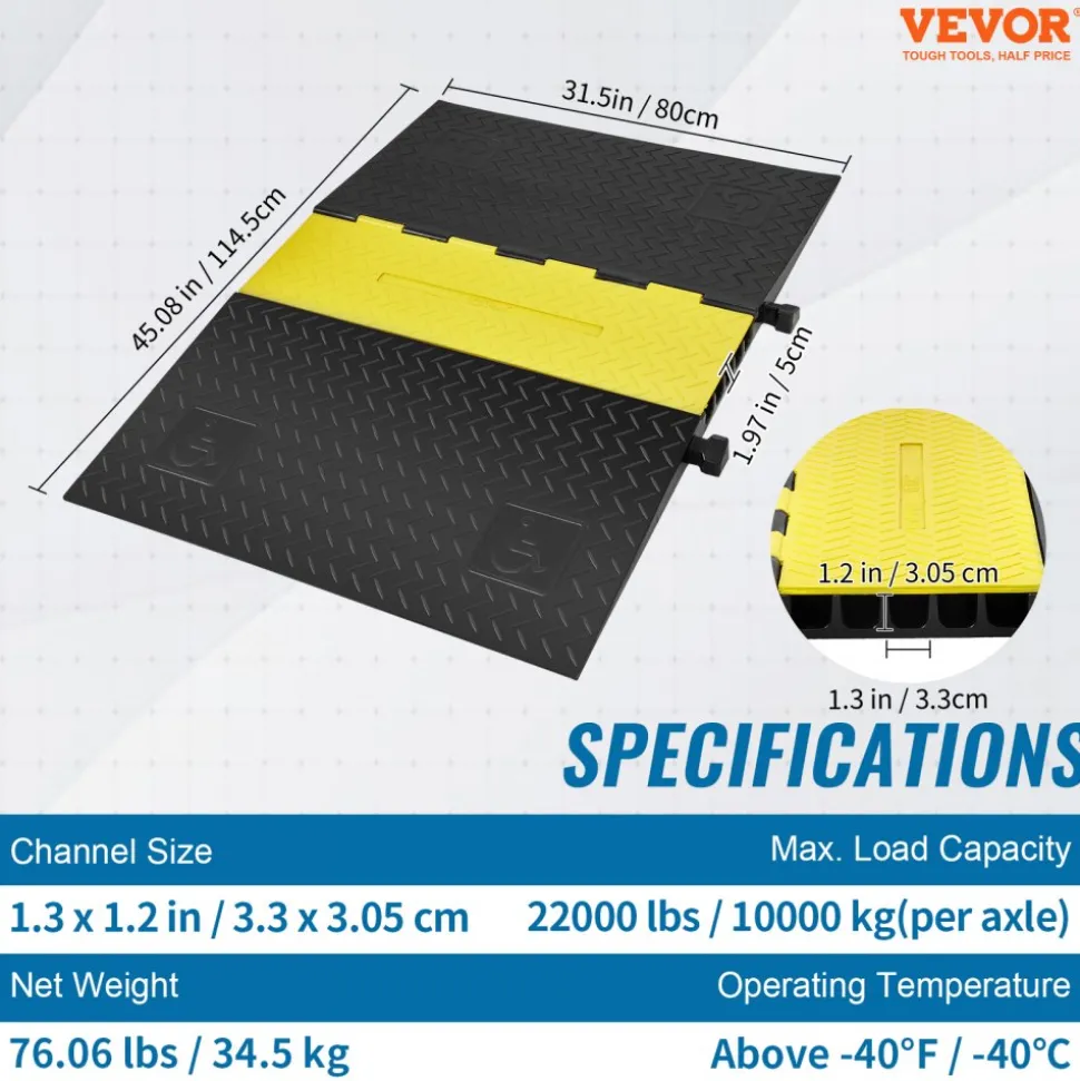 VEVOR Rubber Cable Guard, 5-Channel, 22000 lbs per Axle Load Capacity, Durable Cord Protection Ramp with Hinged Lid for Driveway, Speed Control, and Accessibility Compliance for Both Indoor & Outdo