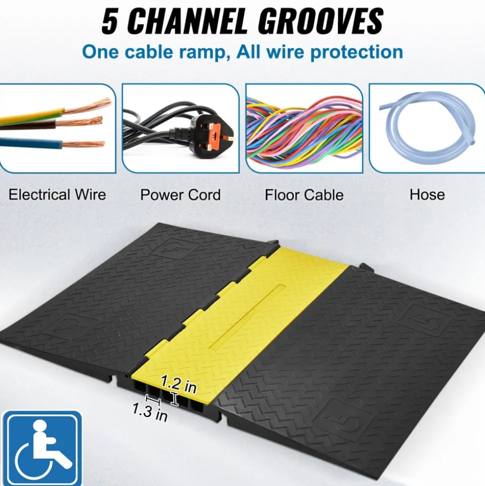 VEVOR Rubber Cable Guard, 5-Channel, 22000 lbs per Axle Load Capacity, Durable Cord Protection Ramp with Hinged Lid for Driveway, Speed Control, and Accessibility Compliance for Both Indoor & Outdo