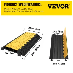 VEVOR Rubber Cable Guard, 3-Channel, 2 x 2.3 in - Durable Cord Protection Ramp for Driveways, 6600 lbs Capacity