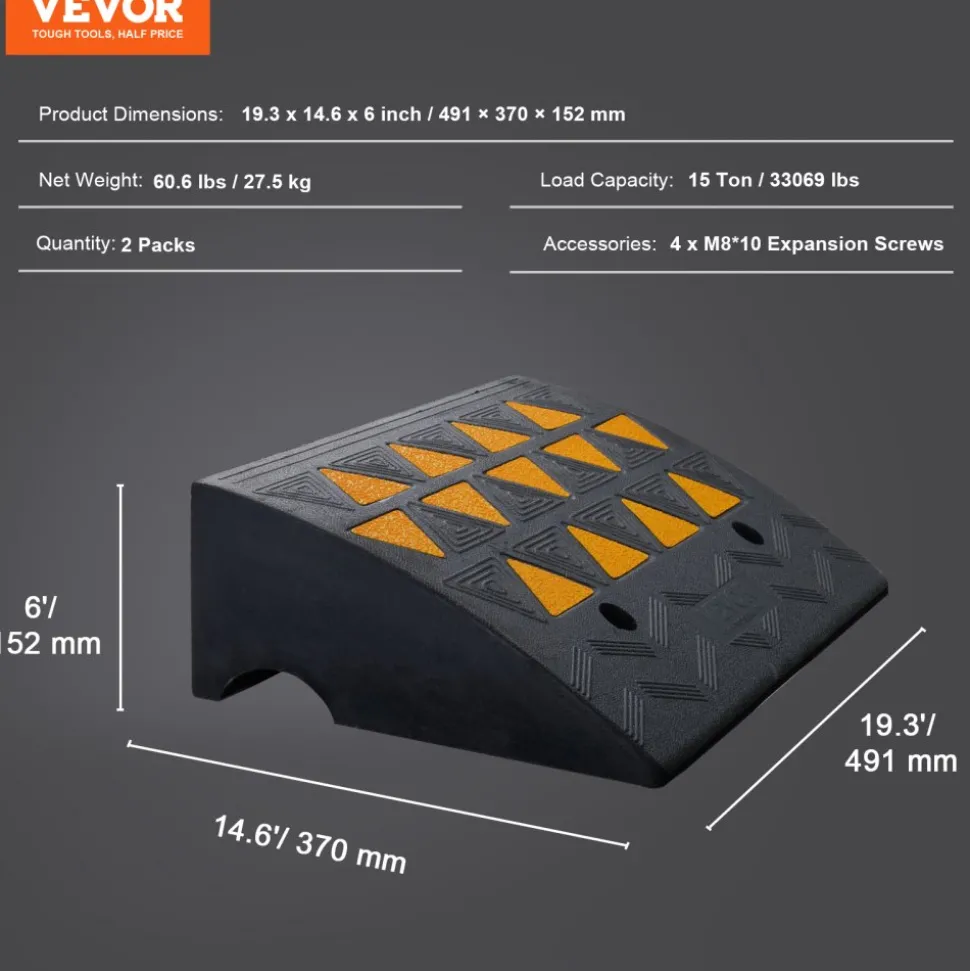 VEVOR Rubber Curb Ramp 2 Pack, 6" Rise Height Heavy-Duty 33069 lbs/15 T Capacity Threshold Ramps, Driveway Ramps with Stable Grid Structure for Cars, Wheelchairs, Bikes, Motorcycles
