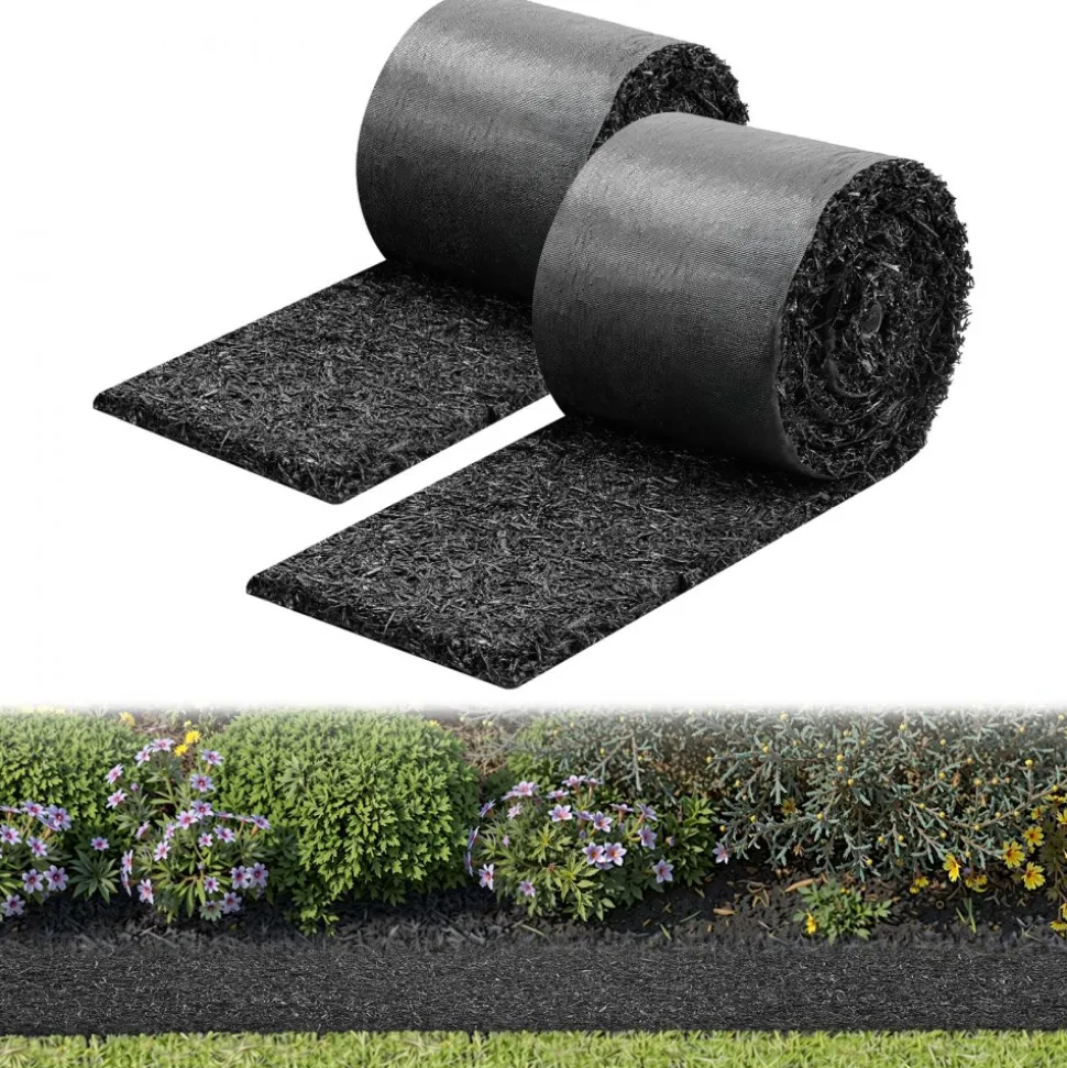 VEVOR Rubber Mulch Mat Roll, 2 Rolls 140 x 4.5 in, Recycled Rubber Permanent Mulch Edging Border, Natural-Looking Flower Barrier with Stakes, 0.5 in Thick Cuttable Garden Edgings for Landscaping