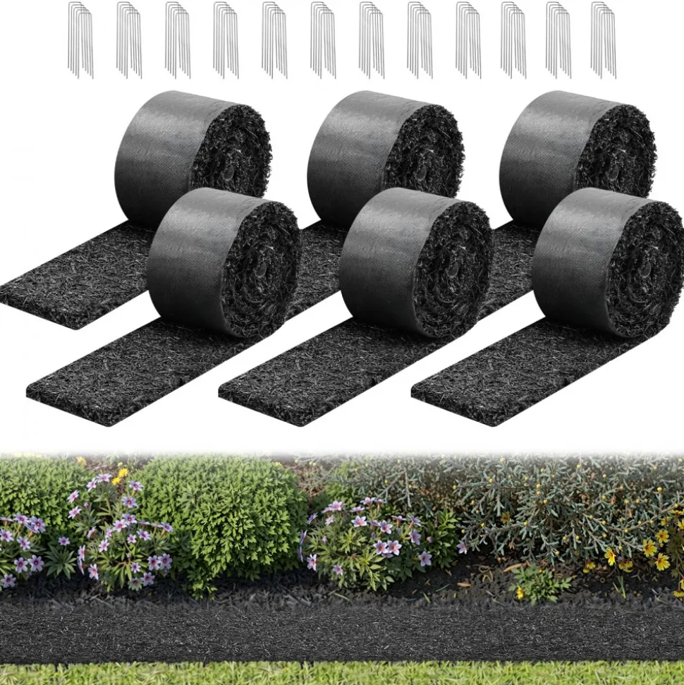 VEVOR Rubber Mulch Mat Roll, 6 Rolls 120 x 4.5 in, Recycled Rubber Permanent Mulch Edging Border, Natural-Looking Flower Barrier with Stakes, 0.5 in Thick Cuttable Garden Edgings for Landscaping