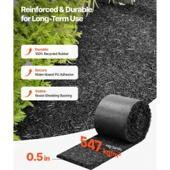 VEVOR Rubber Mulch Mat Roll, 140 x 4.5 in, Recycled Rubber Permanent Mulch Edging Border, Natural-Looking Flower Barrier with Stakes, 0.5 in Thick Cuttable Garden Edgings for Landscaping