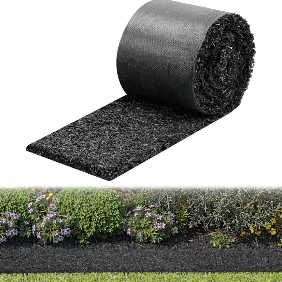 VEVOR Rubber Mulch Mat Roll, 140 x 4.5 in, Recycled Rubber Permanent Mulch Edging Border, Natural-Looking Flower Barrier with Stakes, 0.5 in Thick Cuttable Garden Edgings for Landscaping