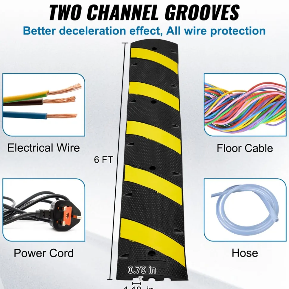 VEVOR 72'' Rubber Speed Bump, Dual Channel, Supports up to 22000 lbs, Durable Traffic Speed Hump with Bright Yellow Reflective Strip, Includes 4 Expansion Screws & Drill for Asphalt, Concrete, Grav