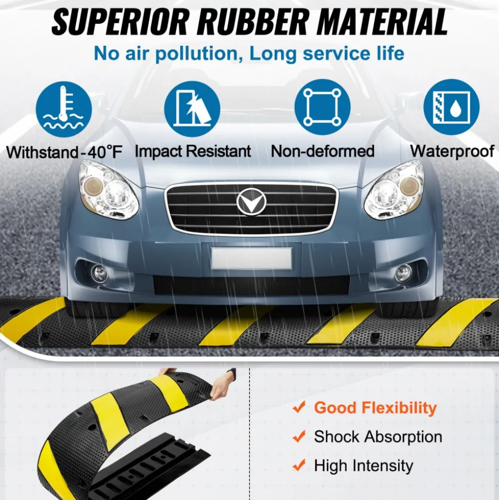 VEVOR 72'' Rubber Speed Bump, Dual Channel, Supports up to 22000 lbs, Durable Traffic Speed Hump with Bright Yellow Reflective Strip, Includes 4 Expansion Screws & Drill for Asphalt, Concrete, Grav
