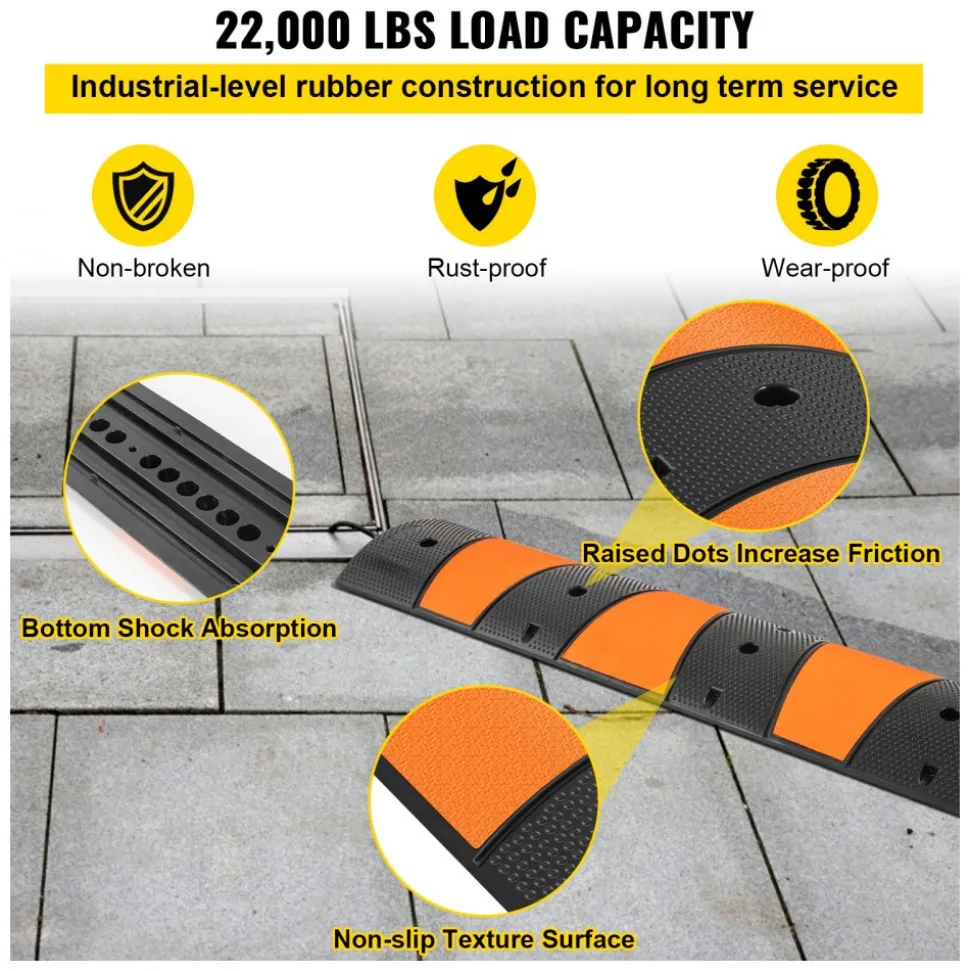 VEVOR Rubber Speed Bump, 1 Pack 2 Channel Speed Bump Hump, 72.8" Long Modular Speed Bump Rated 22000 LBS Load Capacity, 72.8 x 12.2 x 2.2 Garage Speed Bump for Asphalt Concrete Gravel Driveway-6 FT