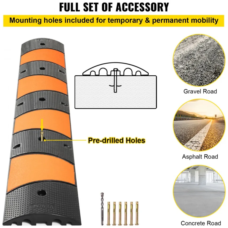 VEVOR Rubber Speed Bump, 1 Pack 2 Channel Speed Bump Hump, 72.8" Long Modular Speed Bump Rated 22000 LBS Load Capacity, 72.8 x 12.2 x 2.2 Garage Speed Bump for Asphalt Concrete Gravel Driveway-6 FT