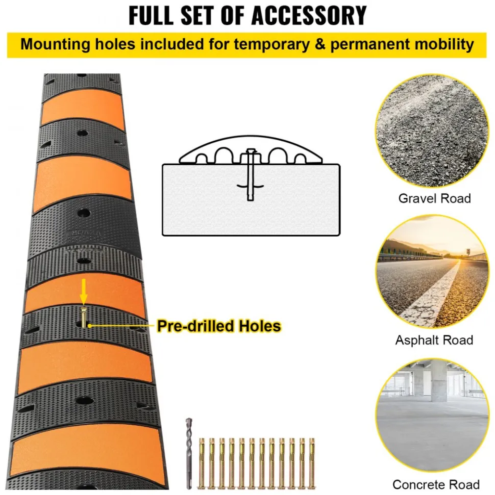 VEVOR Rubber Speed Control Hump, Dual Channel, 2 Units, 72.8" Length, Supports Up to 22000 LBS, Dimensions 72.8 x 12.2 x 2.2, Suitable for Asphalt, Concrete, and Gravel Surfaces - 6 Feet