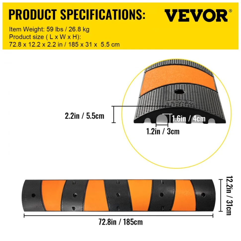 VEVOR Rubber Speed Control Hump, Dual Channel, 2 Units, 72.8" Length, Supports Up to 22000 LBS, Dimensions 72.8 x 12.2 x 2.2, Suitable for Asphalt, Concrete, and Gravel Surfaces - 6 Feet