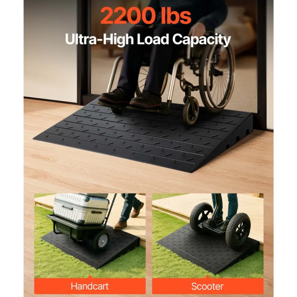 VEVOR Rubber Threshold Ramp, 4" Rise Threshold Ramp Doorway, 3 Channels Cord Cover Rubber Solid Threshold Ramp, Rubber Angled Entry Rated 2200 Lbs Load Capacity for Wheelchair and Scooter