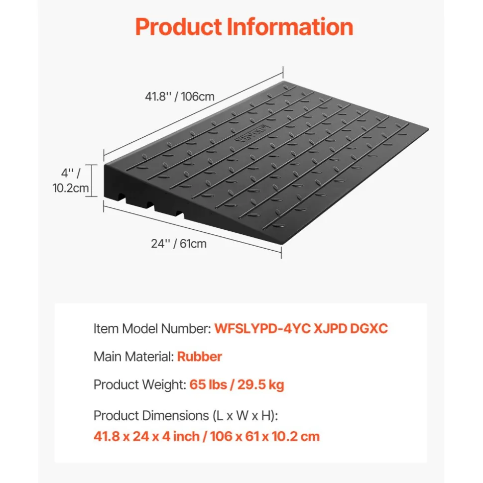 VEVOR Rubber Threshold Ramp, 4" Rise Threshold Ramp Doorway, 3 Channels Cord Cover Rubber Solid Threshold Ramp, Rubber Angled Entry Rated 2200 Lbs Load Capacity for Wheelchair and Scooter