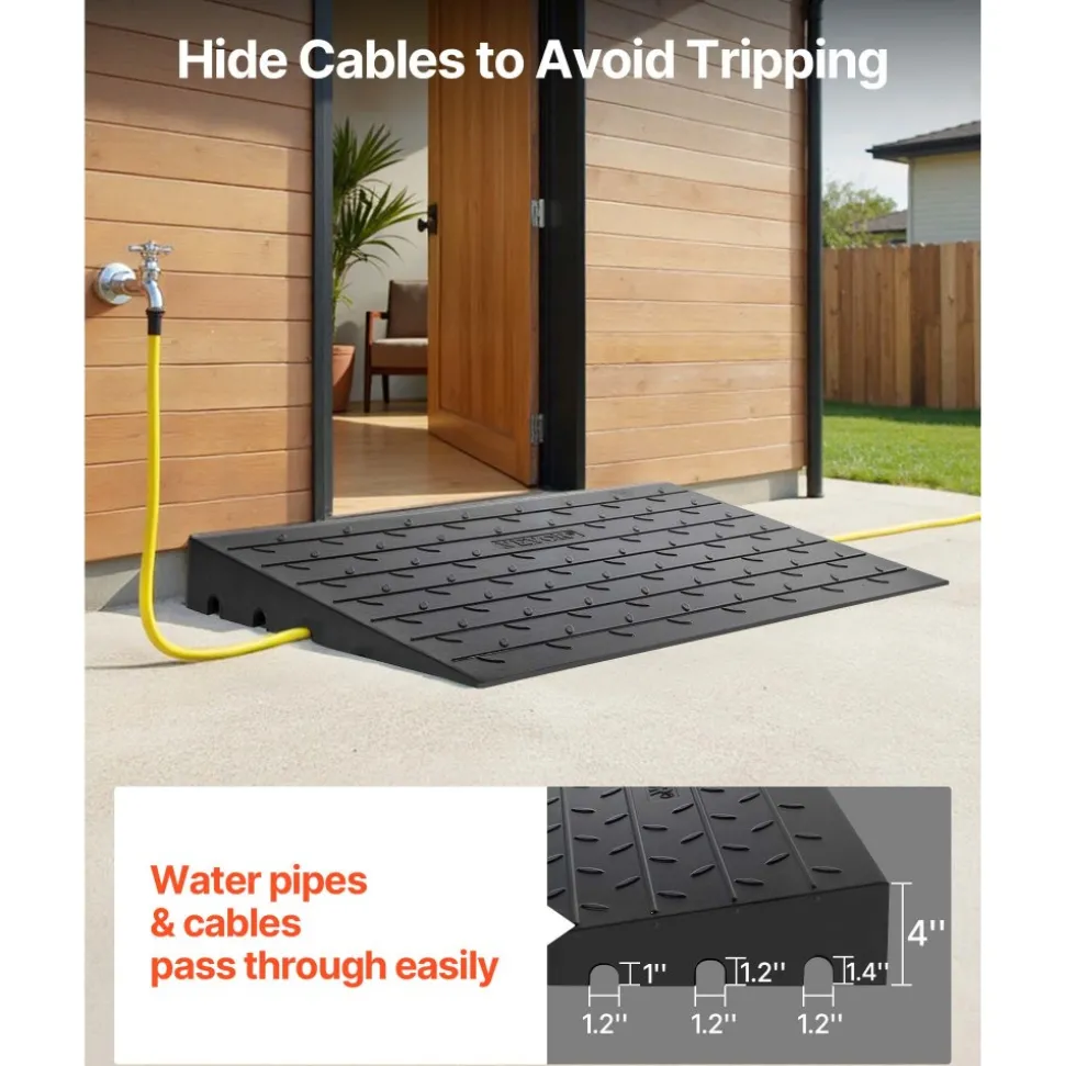 VEVOR Rubber Threshold Ramp, 4" Rise Threshold Ramp Doorway, 3 Channels Cord Cover Rubber Solid Threshold Ramp, Rubber Angled Entry Rated 2200 Lbs Load Capacity for Wheelchair and Scooter