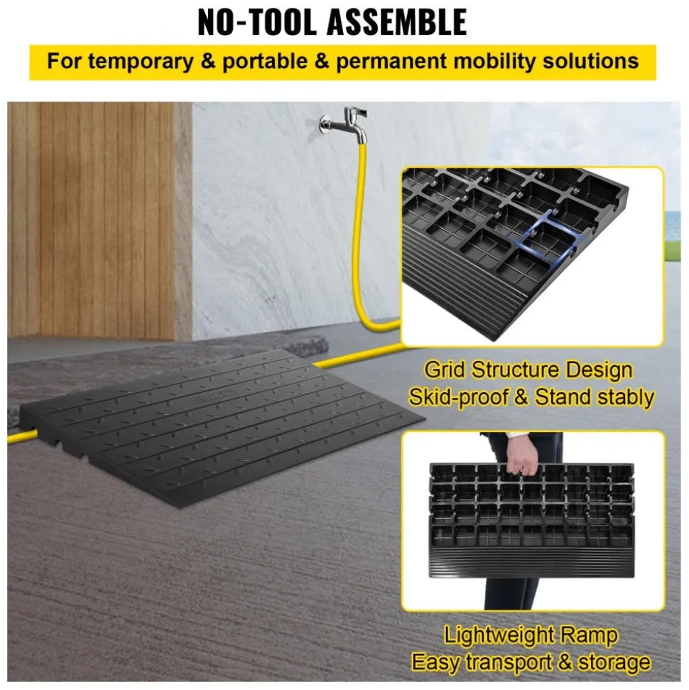 VEVOR Rubber Threshold Ramp, 2.6" Rise Threshold Ramp Doorway, 3 Channels Cord Cover Rubber Solid Threshold Ramp, Rubber Angled Entry Rated 2202 Lbs Load Capacity for Wheelchair and Scooter