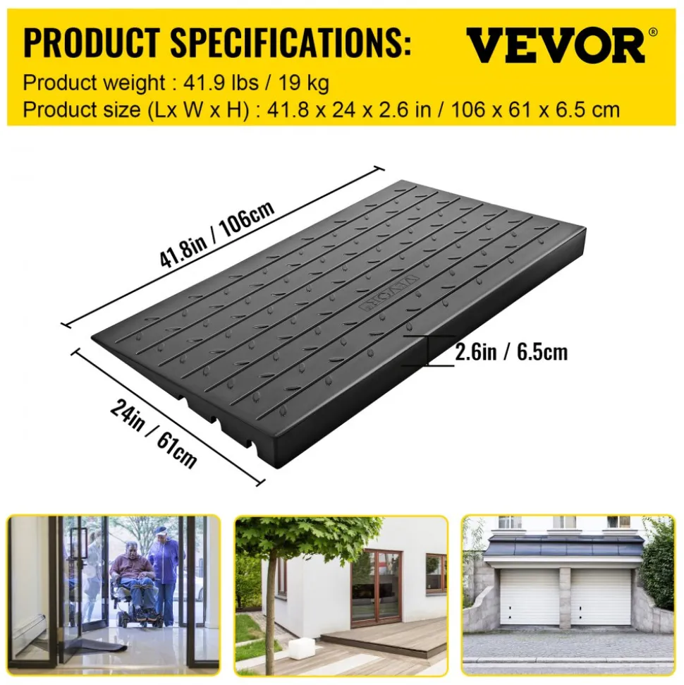VEVOR Rubber Threshold Ramp, 2.6" Rise Threshold Ramp Doorway, 3 Channels Cord Cover Rubber Solid Threshold Ramp, Rubber Angled Entry Rated 2202 Lbs Load Capacity for Wheelchair and Scooter
