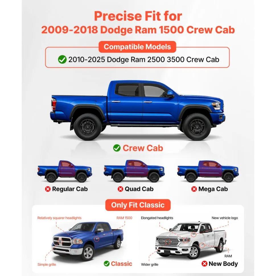 VEVOR Running Boards, 6 Inches Side Steps Compatible with 2019-2025 Chevy Silverado/GMC Sierra 1500 Crew Cab, 2020-2025 Chevy Silverado/GMC Sierra 2500HD 3500HD Crew Cab, Black Carbon Steel Nerf Bars