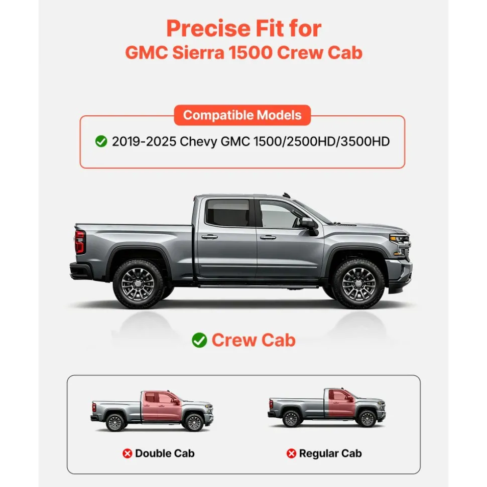 VEVOR Running Boards, 3 Inches Side Steps Compatible with 2019-2025 Chevy GMC 1500/2500HD/3500HD Crew Cab, Black Carbon Steel Nerf Bars, 550 lbs Load Capacity, Non-Slip Surface with Rustproof Coating