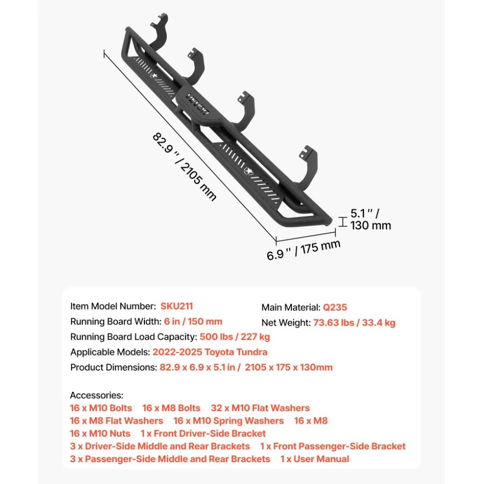 VEVOR Running Boards, 6 Inches Side Steps Compatible with 2022-2025 Toyota Tundra CrewMax Cab, Black Carbon Steel Nerf Bars, 550 lbs Load Capacity, Wide Non-Slip Hollow Surface with Rustproof Coating
