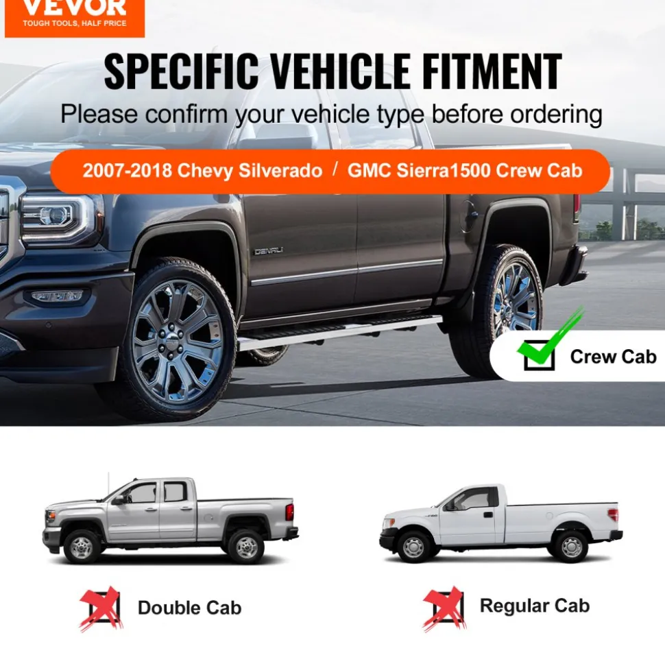 VEVOR Running Boards, 6" Step Bars Compatible with 2007-2018 Chevy Silverado/GMC Sierra 1500 Crew Cab/2019 2500HD 3500HD 1500 LD, 201 Stainless Steel Side Steps Nerf Bars, 500LBS Capacity, 2 Piece