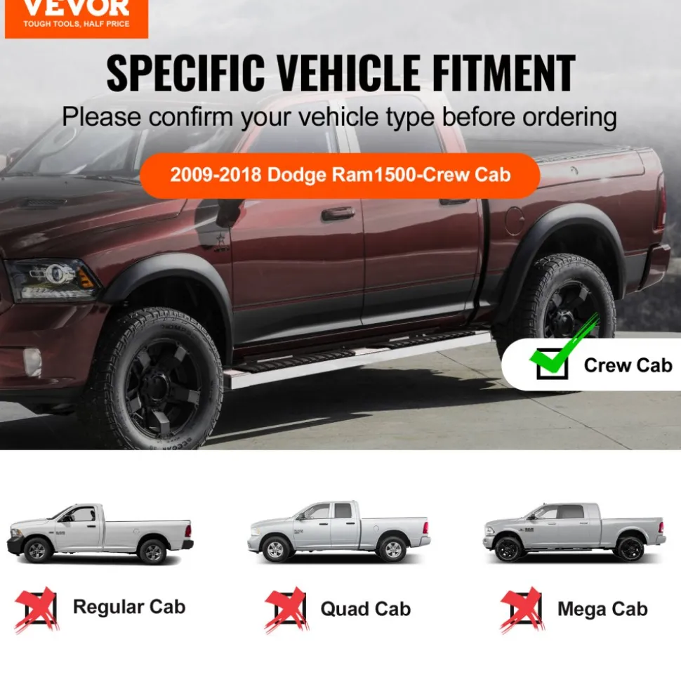 VEVOR Running Boards, 6" Step Bars Compatible with 2009-2018 Dodge Ram 1500/2010-2023 Ram 2500/3500 (Includes 2019-2023 Classic) Crew Cab, 201 Stainless Steel Side Steps Nerf Bars, 500LBS, 2 PCS