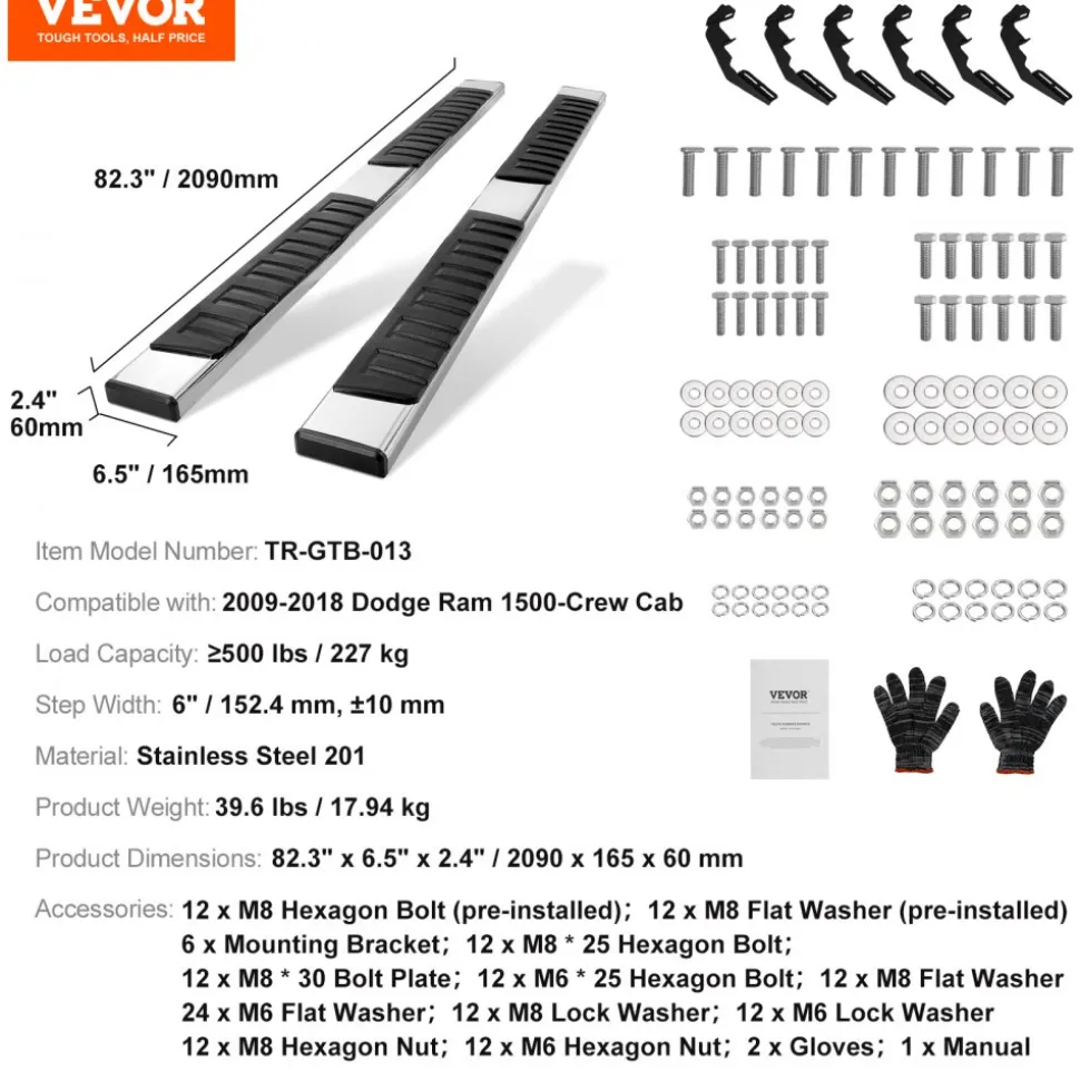 VEVOR Running Boards, 6" Step Bars Compatible with 2009-2018 Dodge Ram 1500/2010-2023 Ram 2500/3500 (Includes 2019-2023 Classic) Crew Cab, 201 Stainless Steel Side Steps Nerf Bars, 500LBS, 2 PCS