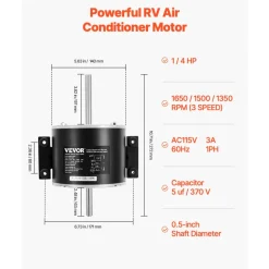 VEVOR 3315332.005 RV AC Fan Motor Replacement Genteq F48AF70A61, Dometic Brisk Air II Fan Motor, Compatible with Dometic Brisk Air II B57915 B59516 B59146 B59186 - 1/4HP AC115V 3A 1650RPM (3 Speeds)