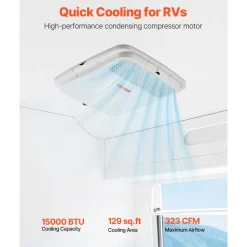VEVOR RV Air Conditioner, 15000 BTU Non-Ducted Rooftop RV AC Unit, 65 dB Quiet Design, Including Air Distribution Box, Operation Panel and Installation Hardware, for Campers, Vans, Trailers, White