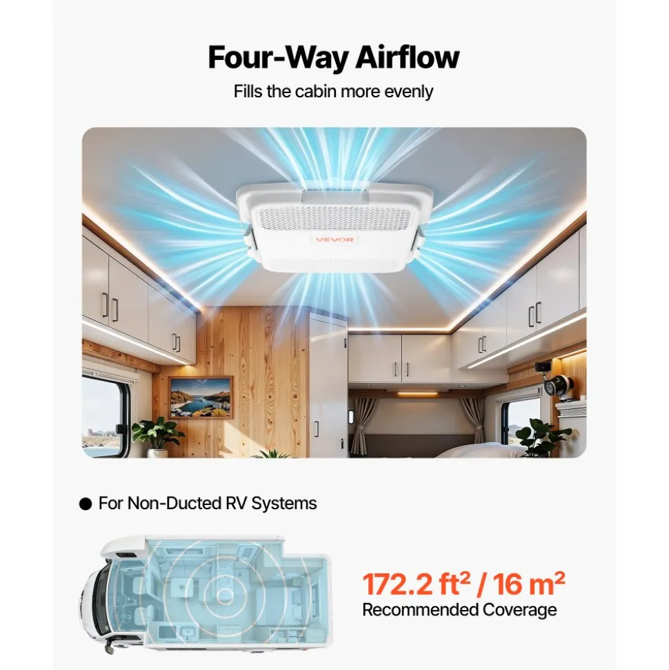 VEVOR RV Air Conditioner, 15000 BTU RV AC Unit, 120V Non-Ducted Rooftop Air Conditioner with Cooling and Heating, Four-Way Airflow, PTC Heating Module, Easy Install Quiet AC with Control Panel, White