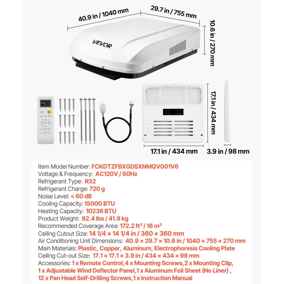 VEVOR RV Air Conditioner, 15000 BTU RV AC Unit, 120V Ducted Rooftop Air Conditioner with Heat Pump & Cooling, Variable Speed Easy Install Quiet AC Unit with ADB Button Control & Remote Control, White