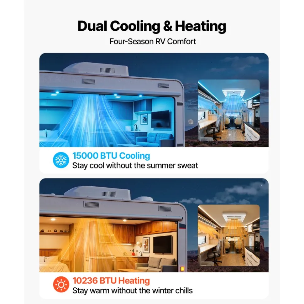 VEVOR RV Air Conditioner, 15000 BTU RV AC Unit, 120V Ducted Rooftop Air Conditioner with Heat Pump & Cooling, Variable Speed Easy Install Quiet AC Unit with ADB Button Control & Remote Control, White