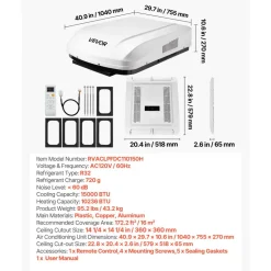 VEVOR RV Air Conditioner, 15000 BTU RV AC Unit, 120V Non-Ducted Rooftop Air Conditioner with Heat Pump and Cooling, Variable Speed Easy Install Quiet AC with ADB Button Control & Remote Control, White