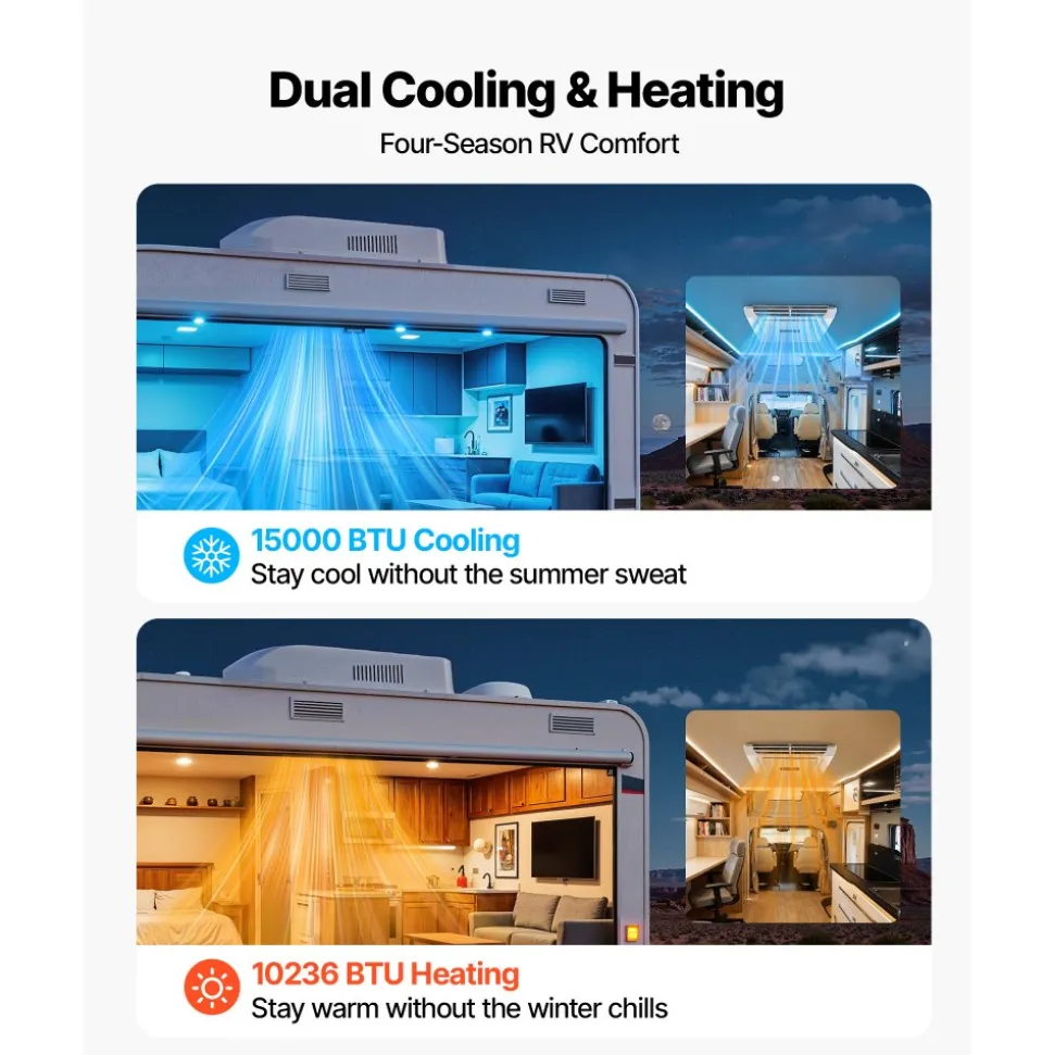 VEVOR RV Air Conditioner, 15000 BTU RV AC Unit, 120V Non-Ducted Rooftop Air Conditioner with Heat Pump and Cooling, Variable Speed Easy Install Quiet AC with ADB Button Control & Remote Control, White