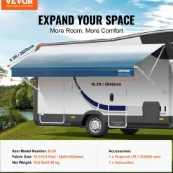 VEVOR RV Awning Fabric Replacement, 19'2" Fabric Length for 20' Awning, Heavy Duty 3-Ply 16oz PVC Camper Awning Fabric, Waterproof & UV Protection Outdoor Canopy for RV, Trailer, Motorhome, Blue Fade
