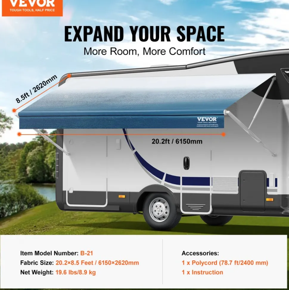 VEVOR RV Awning Fabric Replacement, 20'2" Fabric Length for 21' Awning, Heavy Duty 3-Ply 16oz PVC Camper Awning Fabric, Waterproof & UV Protection Outdoor Canopy for RV, Trailer, Motorhome, Blue Fade