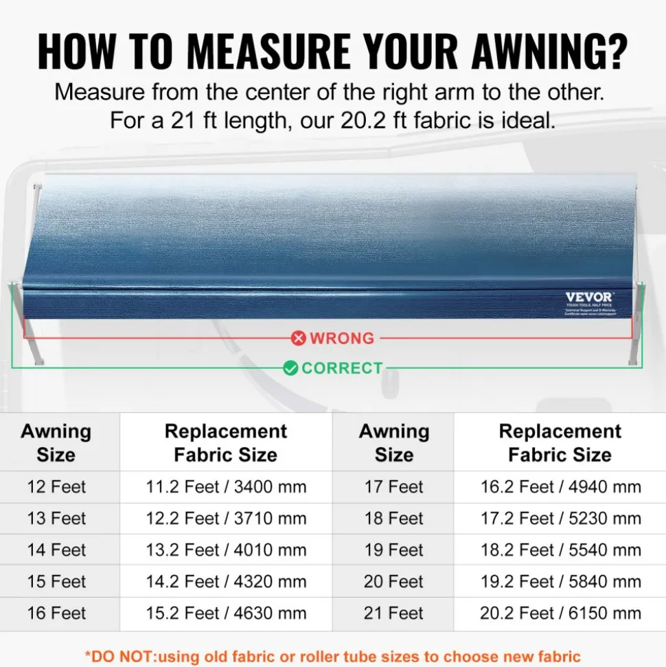 VEVOR RV Awning Fabric Replacement, 20'2" Fabric Length for 21' Awning, Heavy Duty 3-Ply 16oz PVC Camper Awning Fabric, Waterproof & UV Protection Outdoor Canopy for RV, Trailer, Motorhome, Blue Fade