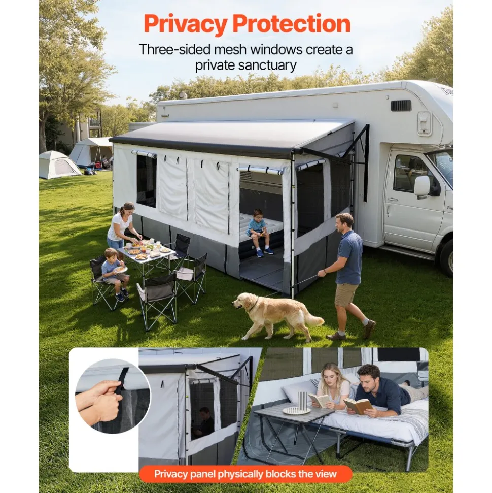 VEVOR RV Awning Sun Shade Room - Compatible with 18 -19 ft Awnings, RV Awning Sun Shading Room with Door & Ventilated Mesh Windows, Sunproof & Windproof Three-Sided Enclosure Tent for RV Camping